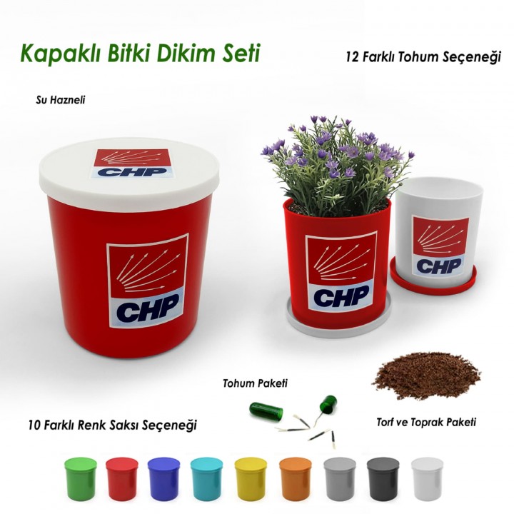 CHP Logolu Yuvarlak Saksılı Kapaklı Bitki Yetiştirme Seti 8x8,4 cm